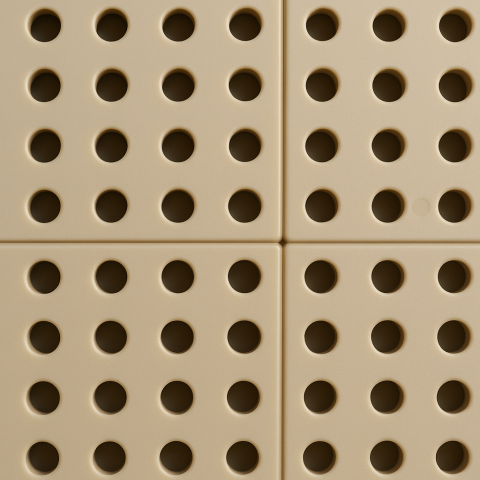 Close-up van een geperforeerde kunststof plaat met ronde perforaties, geproduceerd op maat